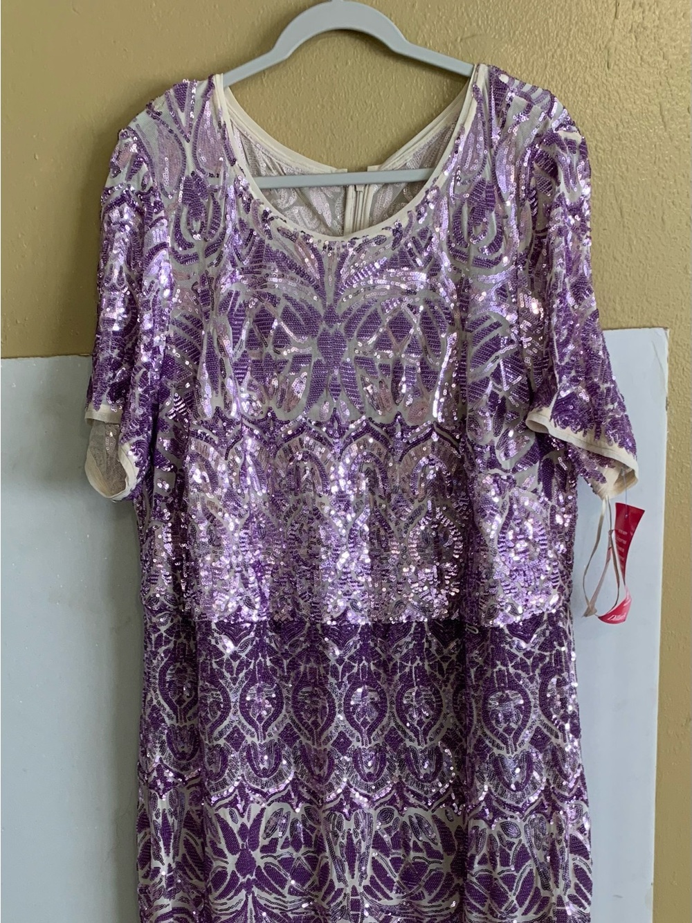 R & M Richards Lavender and Cream Sequin Maxi Dress